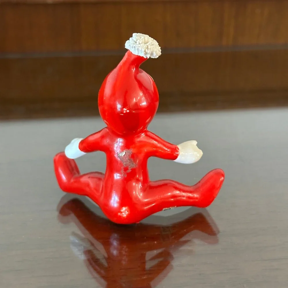 Vintage Ceramic Pixie Elf Pajama Figurine Red Suit Blue Eyes Japan MCM 3.5''